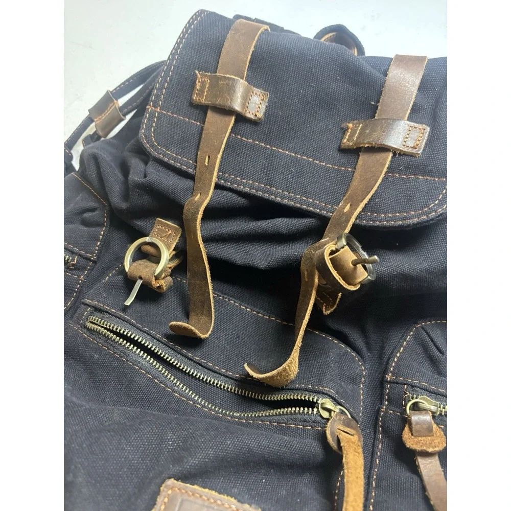 Augur Jans Canvas Hiking School Backpack Black/Brown Leather Straps Buckle Zip